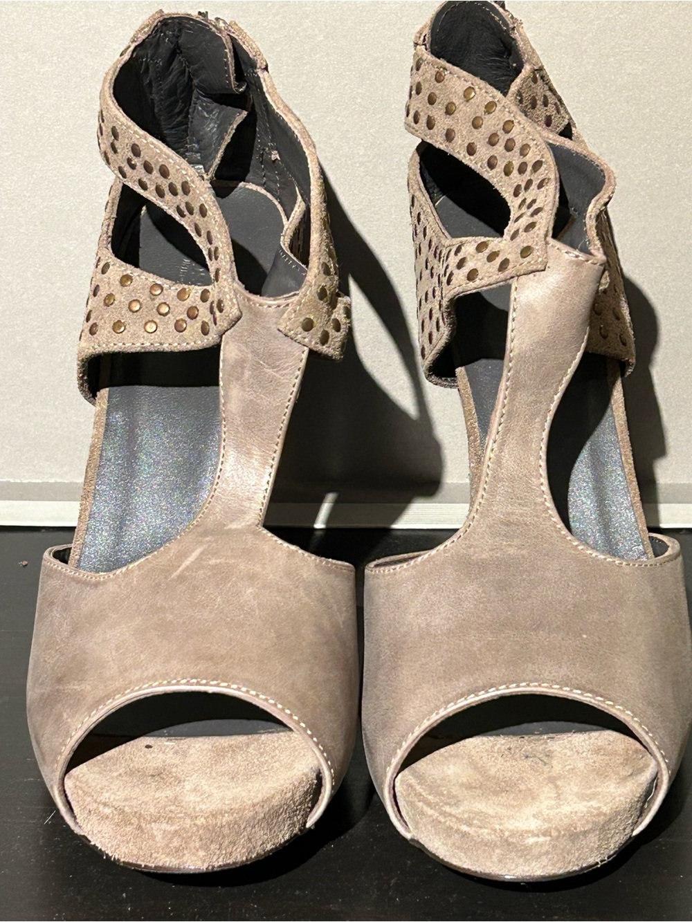 NWT HOSS INTROPIA Taupe Suede Peep-Toe Heels with Studded Straps US Size 11